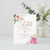 Bat Mitzvah Pink Waterverf Floral Gold Script Informatiekaartje (Staand voorkant)