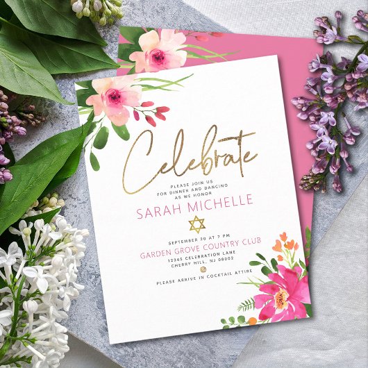 Bat Mitzvah Pink Waterverf Floral Gold Script Informatiekaartje