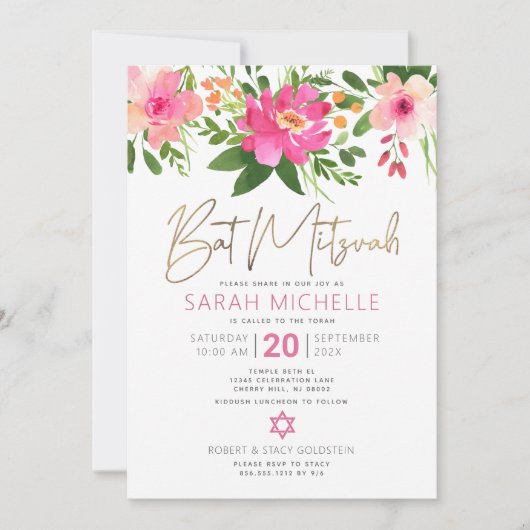 Bat Mitzvah Pink Waterverf Floral Gold Script Kaart (Voorkant)