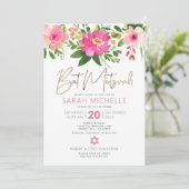 Bat Mitzvah Pink Waterverf Floral Gold Script Kaart (Staand voorkant)