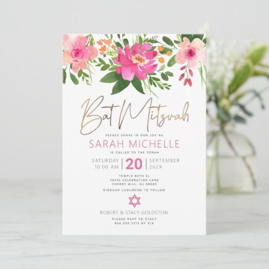 Bat Mitzvah Pink Waterverf Floral Gold Script Kaart (Staand voorkant)