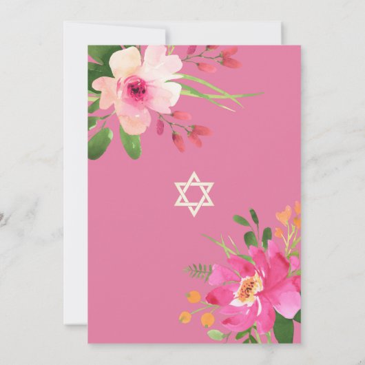 Bat Mitzvah Pink Waterverf Floral Gold Script Kaart (Achterkant)