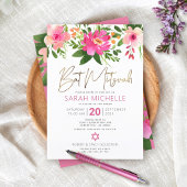 Bat Mitzvah Pink Waterverf Floral Gold Script Kaart