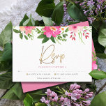 Bat Mitzvah Pink Waterverf Floral Gold Script RSVP Kaartje<br><div class="desc">Wees trots, verheug je en vier deze mijlpaal van je favoriete Bat Mitzvah met deze verfijnde, gepersonaliseerde RSVP-insteekkaart voor je evenement! Een chique, prachtige, roze en perzik bloemige waterverf met faux gouden folie script typografie en modern stoffig roos en grijs sans serif type overlay een witte achtergrond. Extra waterverf bloemen...</div>