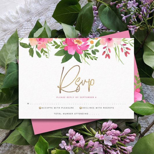 Bat Mitzvah Pink Waterverf Floral Gold Script RSVP Kaartje
