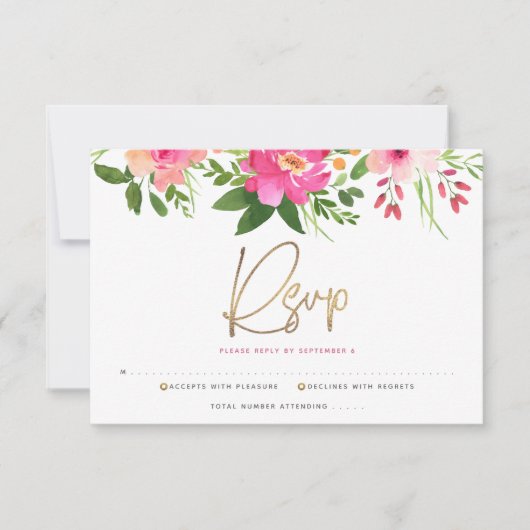 Bat Mitzvah Pink Waterverf Floral Gold Script RSVP Kaartje (Voorkant)
