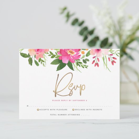 Bat Mitzvah Pink Waterverf Floral Gold Script RSVP Kaartje (Staand voorkant)