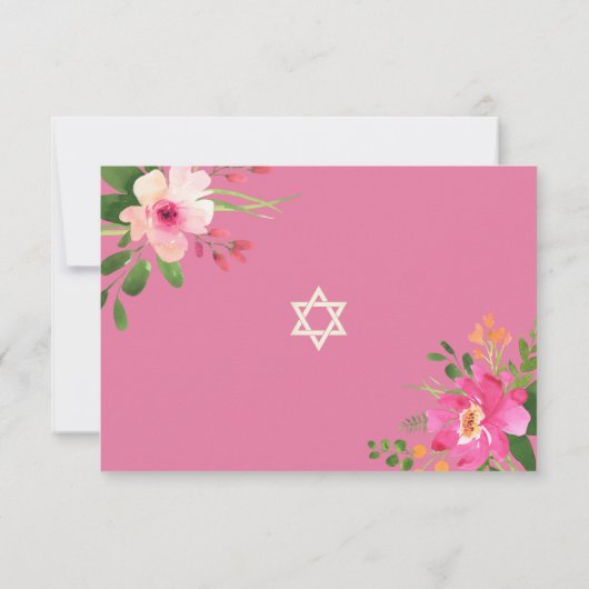 Bat Mitzvah Pink Waterverf Floral Gold Script RSVP Kaartje (Achterkant)