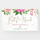 Bat Mitzvah Pink Waterverf Floral Gold Script Spandoek (Horizontaal)