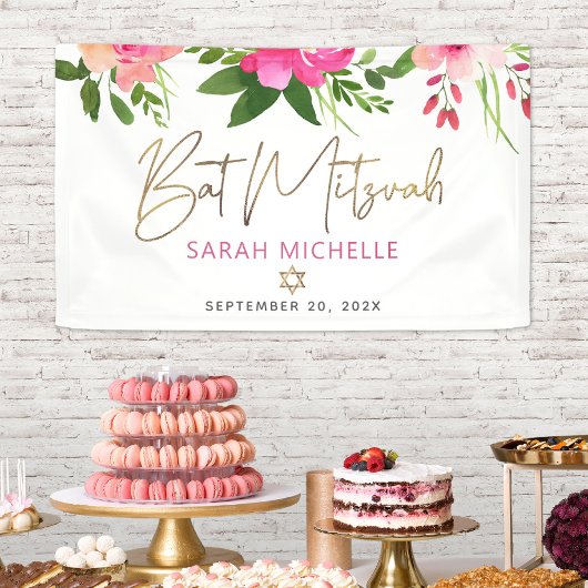 Bat Mitzvah Pink Waterverf Floral Gold Script Spandoek
