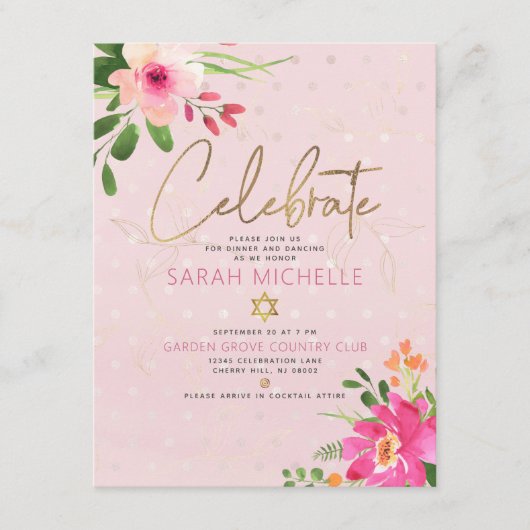 Bat Mitzvah Pink Waterverf Floral Modern Script Informatiekaartje (Voorkant)