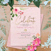 Bat Mitzvah Pink Waterverf Floral Modern Script Informatiekaartje