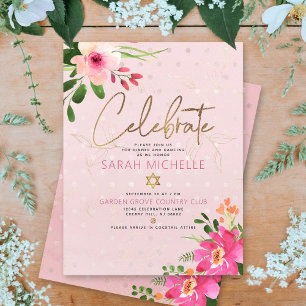 Bat Mitzvah Pink Waterverf Floral Modern Script Informatiekaartje