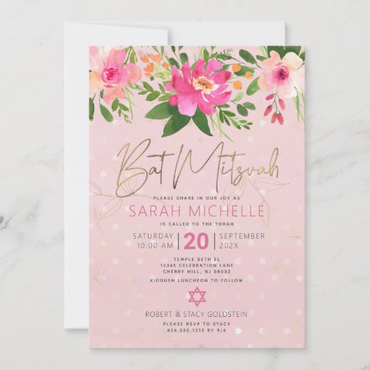 Bat Mitzvah Pink Waterverf Floral Modern Script Kaart (Voorkant)