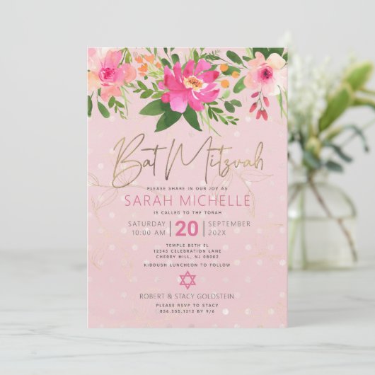 Bat Mitzvah Pink Waterverf Floral Modern Script Kaart (Staand voorkant)