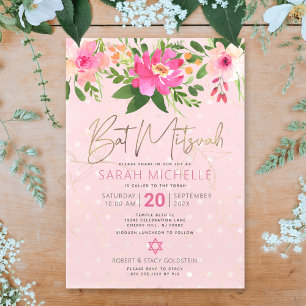 Bat Mitzvah Pink Waterverf Floral Modern Script Kaart