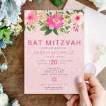 Bat Mitzvah Pink Waterverf Floral Modern Simple Kaart<br><div class="desc">Wees trots, verheug je en laat deze mijlpaal van je favoriete Bat Mitzvah zien met deze verfijnde, gepersonaliseerde uitnodiging! Een chique, prachtige, roze en perzik bloemige waterverf met stoffig roos, modern sans serif type overlays een zacht roze en confetti stippen achtergrond. Personaliseer de aangepaste tekst met de naam, datum en...</div>