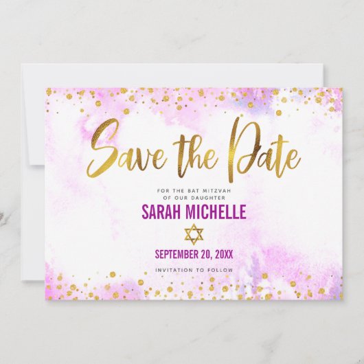 Bat Mitzvah Pink Waterverf Gold Script Chic Girly Save The Date (Voorkant)