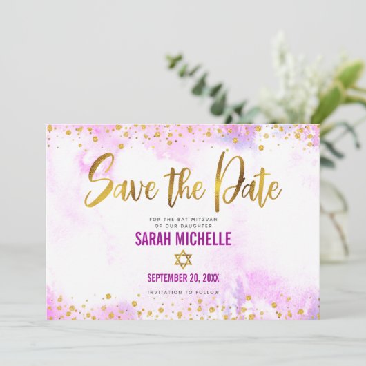 Bat Mitzvah Pink Waterverf Gold Script Chic Girly Save The Date (Staand voorkant)