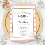 Bat Mitzvah Pink White Stripe Gold Star Kaart<br><div class="desc">Deze elegante Bat Mitzvah-uitnodiging heeft een roze en witte stripe achtergrond en is voorzien van een elegante faux goudfolie-rand die uw details vastlegt in de chemische typografie. Ontworpen door: Thisnotme©</div>