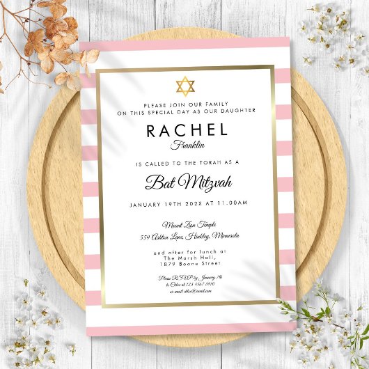 Bat Mitzvah Pink White Stripe Gold Star Kaart