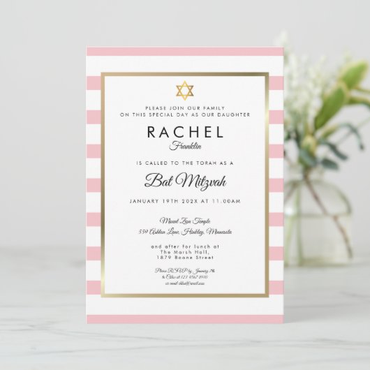 Bat Mitzvah Pink White Stripe Gold Star Kaart (Staand voorkant)