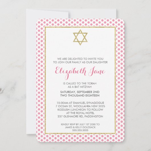 BAT MITZVAH polka dot patroon goud glitter roze Kaart (Voorkant)