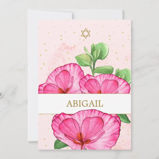 Bat Mitzvah Poppies Floral Gold Pink Wash Kaart (Achterkant)