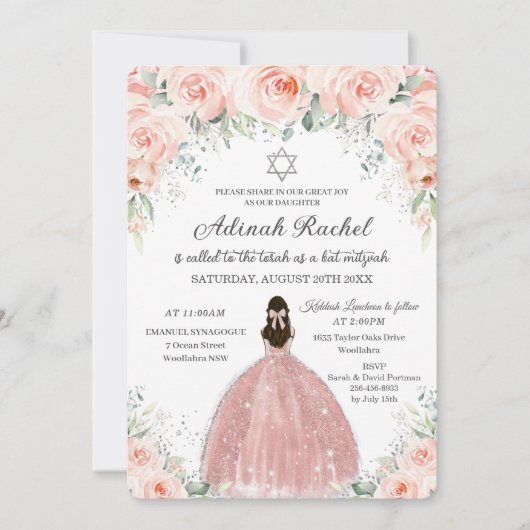 Bat Mitzvah Princess Blush Floral Rozen Silver Kaart (Voorkant)