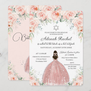 Bat Mitzvah Princess Blush Floral Rozen Silver Kaart