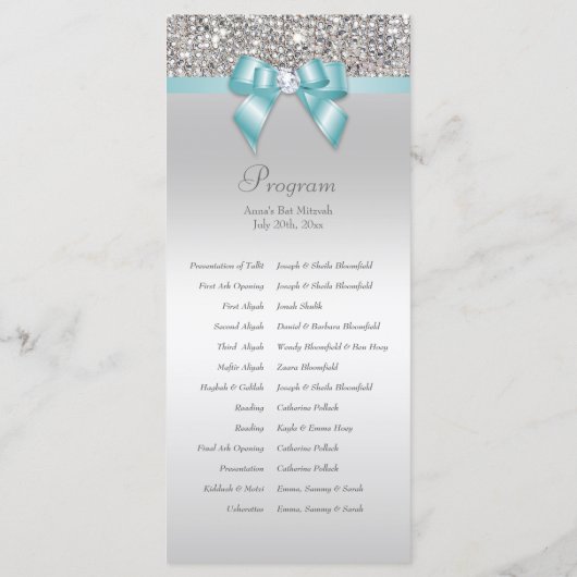 Bat Mitzvah Programme Silver Sequin Blauwgroen Bow Programmakaart (Achterkant)