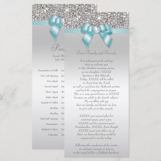 Bat Mitzvah Programme Silver Sequin Blauwgroen Bow Programmakaart (Voorkant / Achterkant)