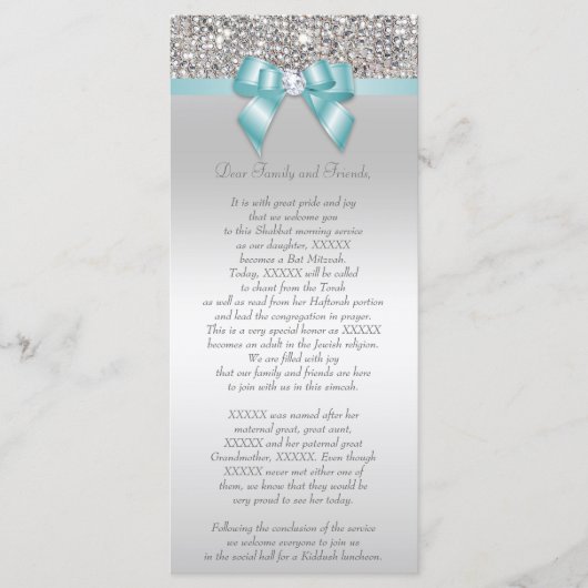 Bat Mitzvah Programme Silver Sequin Blauwgroen Bow Programmakaart (Voorkant)