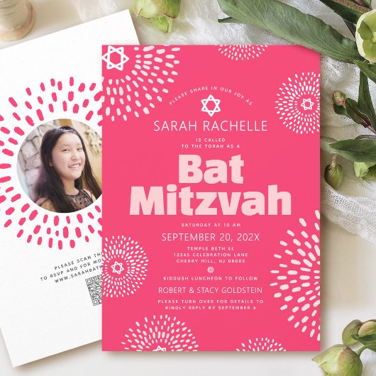 Bat Mitzvah QR-code Roze Foto Sterbarsting Pop Ret Kaart