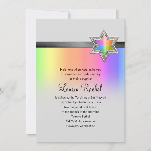 Bat Mitzvah Rainbow en Black Ribbon Silver Star Kaart (Voorkant)