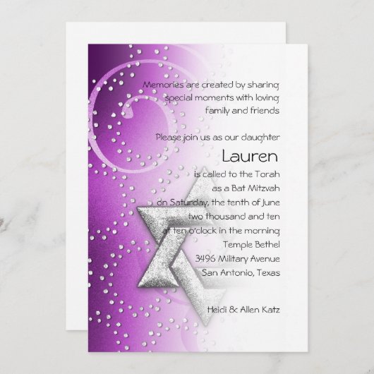 Bat Mitzvah Raspberry Shimmer Star van David Kaart (Voorkant / Achterkant)