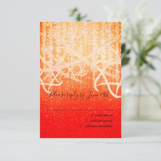 Bat Mitzvah Red en Gold Extra Sparkly RSVP Kaartje (Staand voorkant)