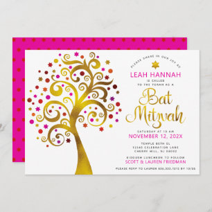 Bat Mitzvah Red Gold Foil Modern Bold Tree of Life Kaart