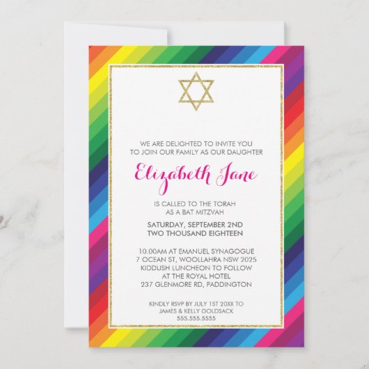BAT MITZVAH regenboog streep patroon goud glitter Kaart (Voorkant)