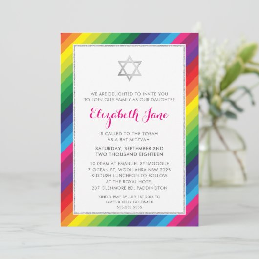 BAT MITZVAH regenboog streep patroon zilver glitte Kaart (Staand voorkant)