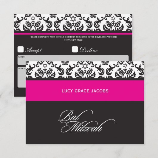 BAT MITZVAH RESPONSE-KAARTEN:: damask1 RSVP Kaartje (Voorkant / Achterkant)