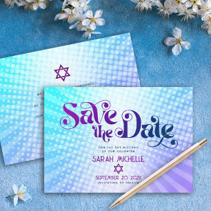Bat Mitzvah Retro Blauw Paars Ombre Gradiënt Boho Save The Date