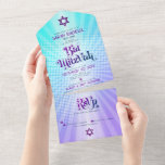 Bat Mitzvah Retro Blauw Paars Verlopend Boho Krach All In One Uitnodiging<br><div class="desc">Wees trots, verheug je en laat dit mijlpaal van je favoriete Bat Mitzvah zien met deze leuke boho-retro, op maat gemaakte all-in-één uitnodiging voor een onvergetelijke gebeurtenis. Hippe, trendy, vette paarse en marineblauwe typografie met moderne sans serif-lettertypen overlappen een achtergrond van knal licht turquoise en paarse ombre-verlopende stralen met witte...</div>