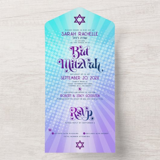 Bat Mitzvah Retro Blauw Paarse Gradient Boho Bold All In One Uitnodiging (Binnen)