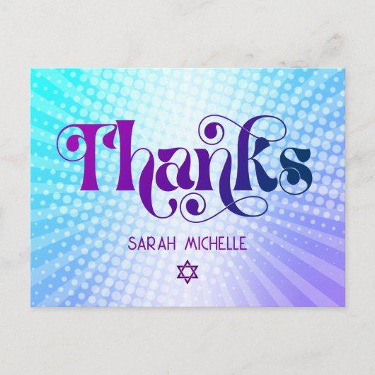 Bat Mitzvah Retro Blauw Paarse Gradiënt Dank u Briefkaart (Voorkant)