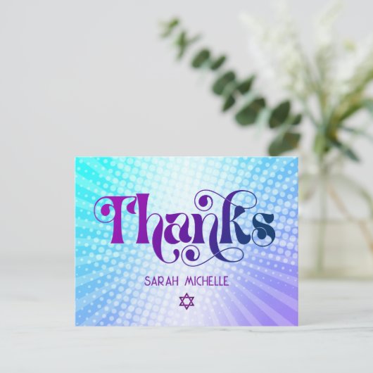 Bat Mitzvah Retro Blauw Paarse Gradiënt Dank u Briefkaart (Staand voorkant)
