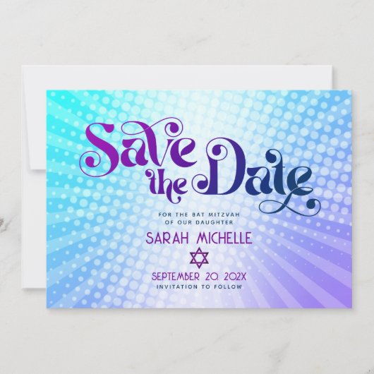 Bat Mitzvah Retro Blauw Paarse Ombre Gradient Boho Save The Date (Voorkant)