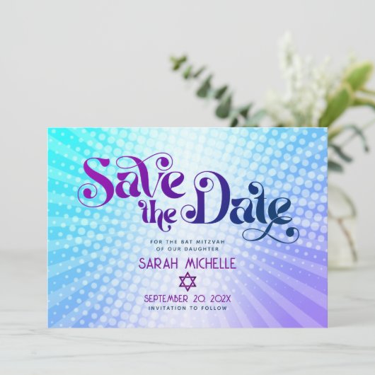 Bat Mitzvah Retro Blauw Paarse Ombre Gradient Boho Save The Date (Staand voorkant)