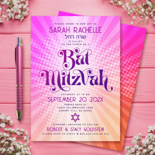 Bat Mitzvah Retro Boho Roze Oranje Gradiënt Vet Kaart