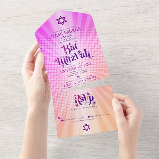 Bat Mitzvah Retro Boho Roze Sinaasappel Gradient B All In One Uitnodiging (Afscheurbaar)